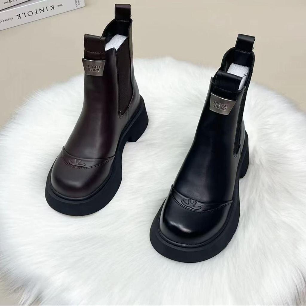 Genuine Leather Thick Sole Chelsea Ankle Boots for Women - 2025 Autumn/Winter, British Style, Chimney Heel, Height-Boosting Slimming Martin Design.