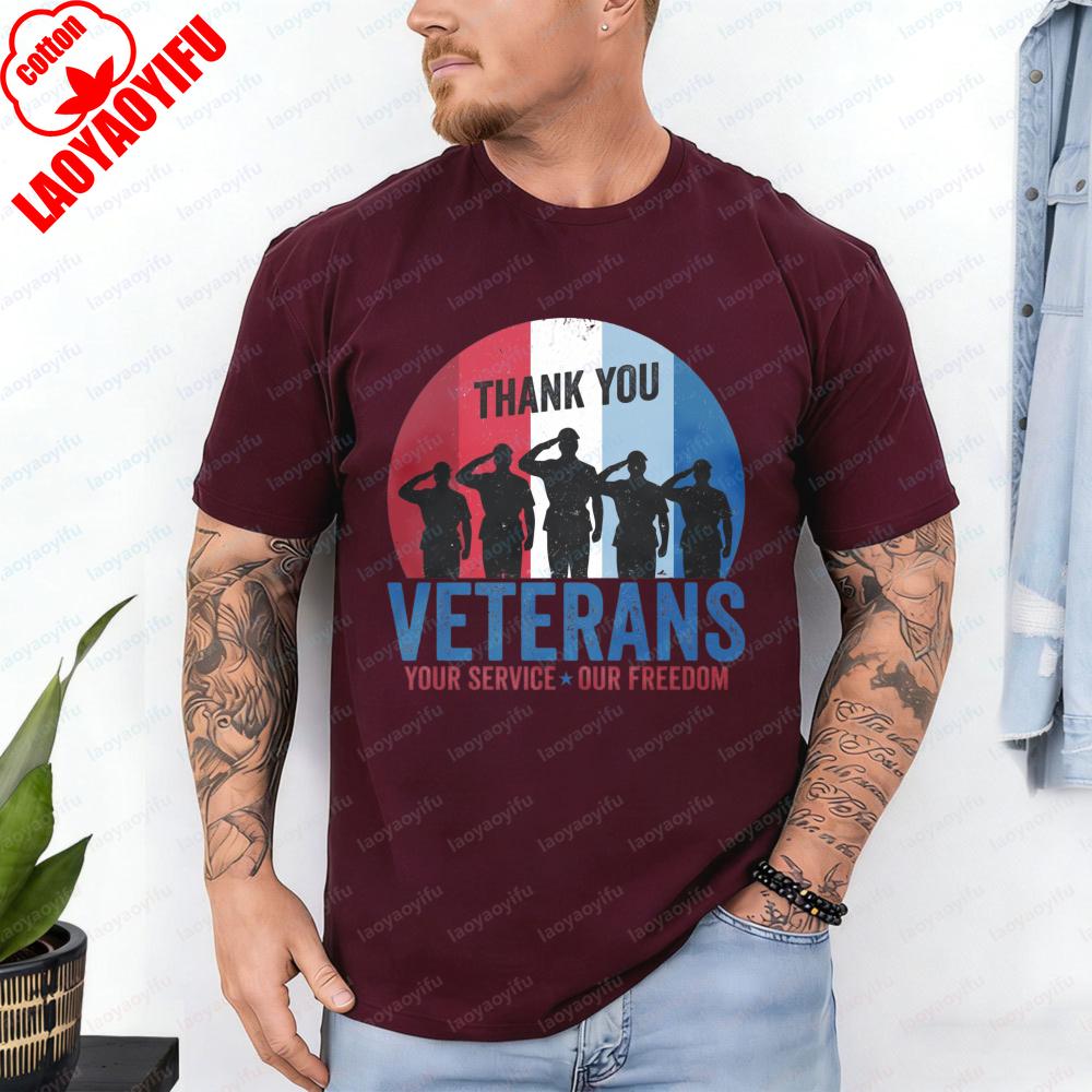 Thank You Veterans TShirt Salute Soldier Silhouette Patriotic Casual Cotton Tee Retro Veterans Day Tops Classic Mens Clothing
