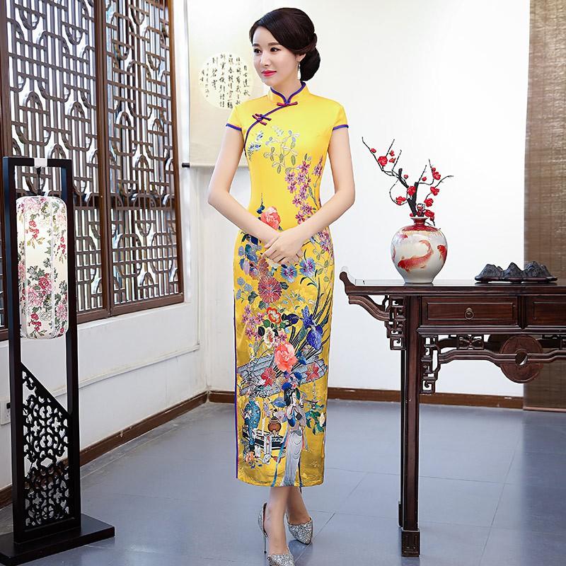 Elegant Yellow Floral Chinese-Inspired Long Cheongsam Dress Women Vintage Modern Qipao Style Formal Evening Gown Small хаки