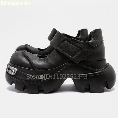 Fashion 2025 New Thick-Soled Mary Jane Shoes Women Punk Style Summer Shallow Round Toe Black Leather Shoes Height-Increasing Pumps