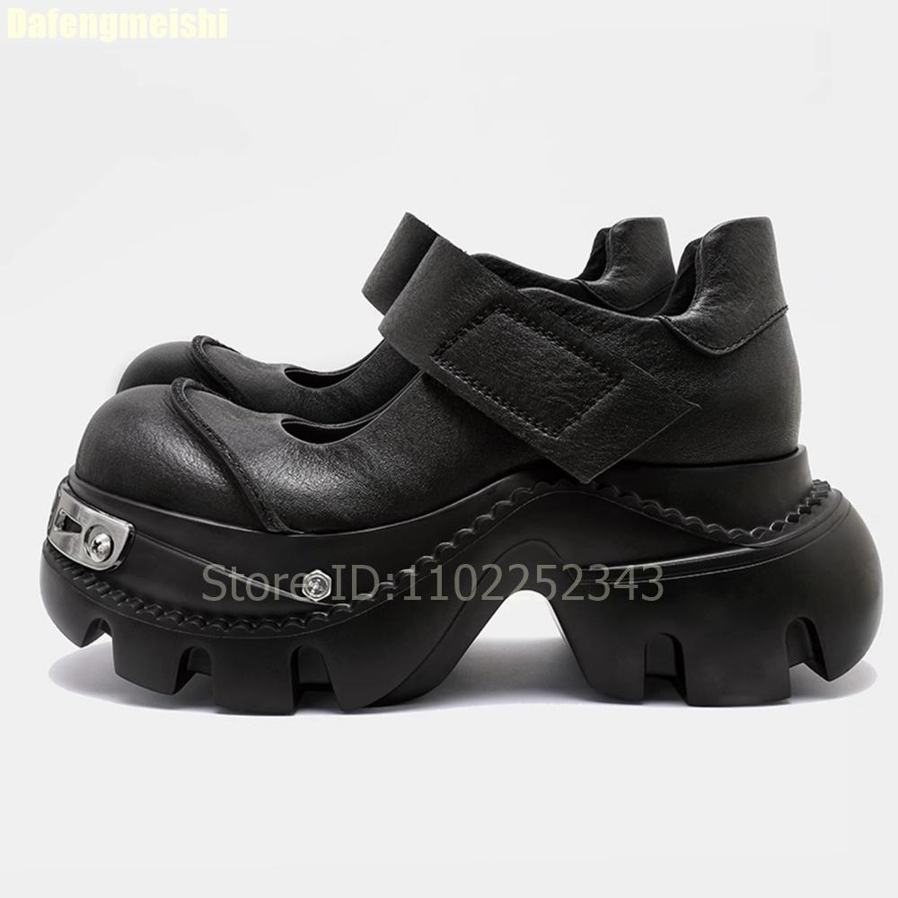 Fashion 2025 New Thick-Soled Mary Jane Shoes Women Punk Style Summer Shallow Round Toe Black Leather Shoes Height-Increasing Pumps