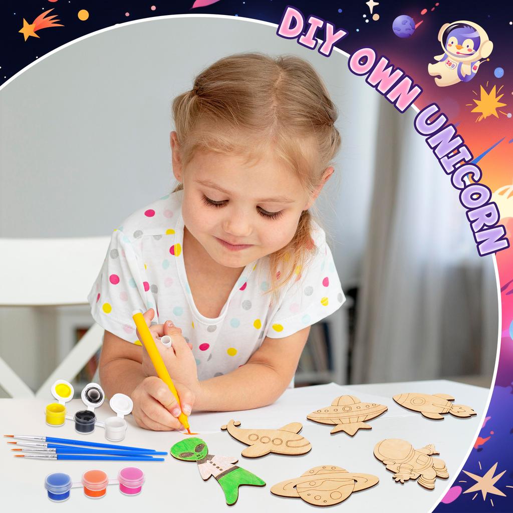 12 Pcs Astronaut Space Birthday Theme Party Favors Wooden Painting Crafts Kits Bulk With Game Cards Paint Brushes Decorations Fo