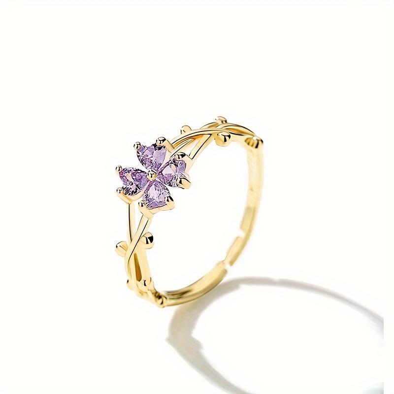 French-style gentle and beautiful purple zirconia vine clover copper ring Inlaid with synthetic zirconia Niche, light-luxury, versatile thin ring for золотой