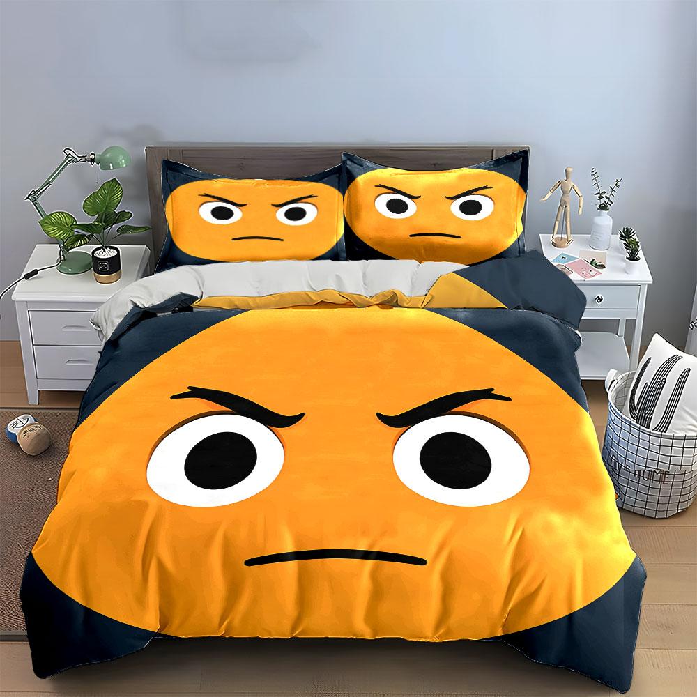 3Pcs Angry Face Emoji Bedding Set, Frowning Yellow Face Print Duvet Cover + 2 Pillowcases, Funny Meme Decor