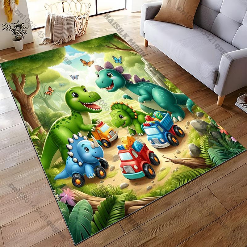 Dinosaurs Playing with Toy Trucks Carpet Yoga Living Room Room Decor Children's Crawling Mat Doormat Area Rug Games Mat