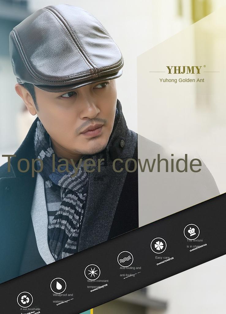 Genuine Cowhide Leather Men Berets Cap Hat High Quality Fashion Men's Real Leather Adult Black Hats