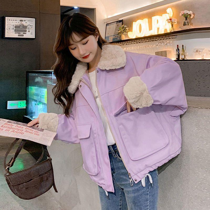 

Однотонні бавовняні куртки Жіночі зимові плюшеві потовщені теплі пальта великого розміру Вільні студентські повсякденні куртки в корейському стилі 2XL фіолетовий