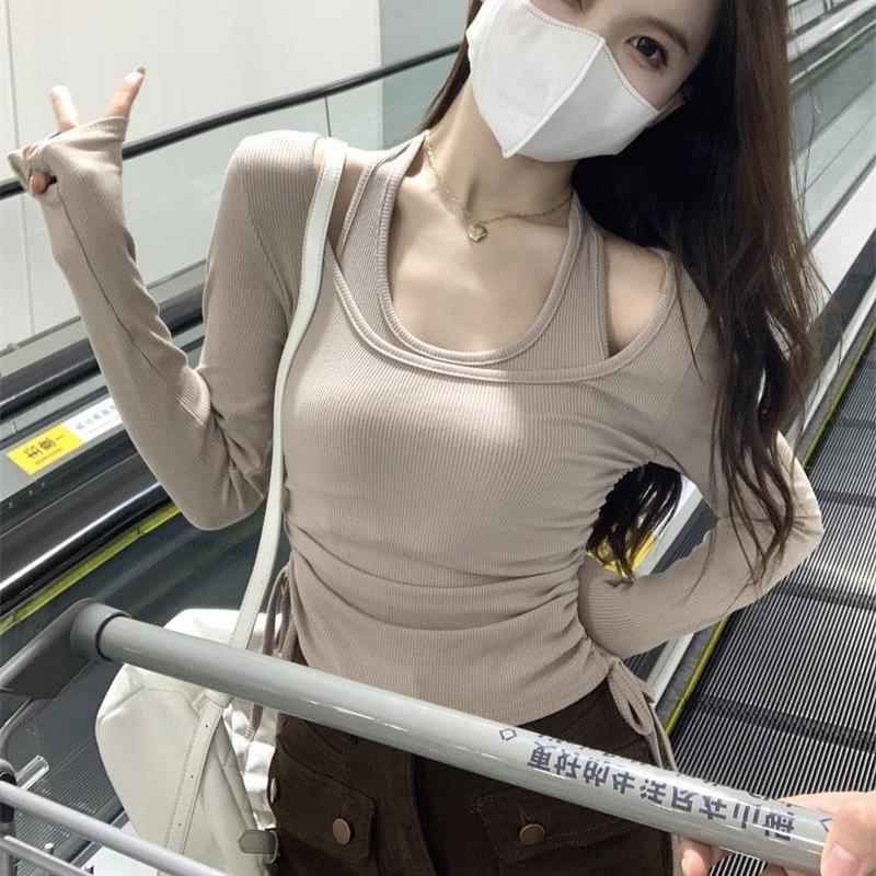 2KWEIRD Black Shirts for Women Ropa Mujer Fashion Tunci Drawstring Tshirts Y2k Clothes Tunic Crop Tops Korean Sexy Woman Tshirt