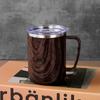Vintage wood grain stainless steel mug, Double-layer Insulated coffee mug, Office tea cup with lid, Morning milk cup, 480ml