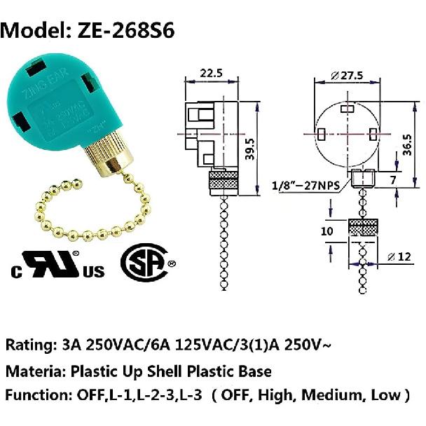 Ceiling Fan Pull Chain Switch 3 Speed 4 Wire Zing Ear ZE-268S6 Ceiling Fan Pull Chain Cord Switch Replacement for Ceiling Fans,Wall Lamps,Cabinet