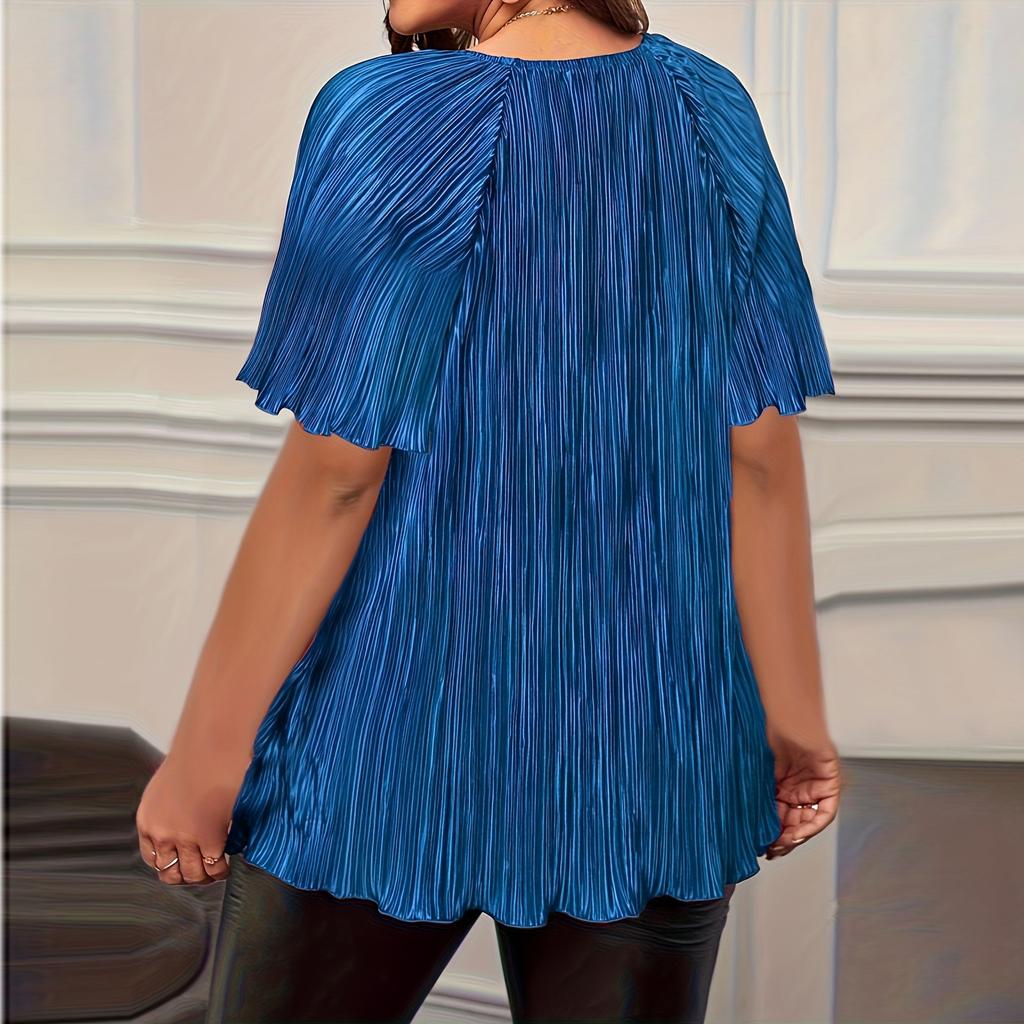 T Shirts For Women Pleated R-Neck Dressy Casual Blouses Printing Short Sleeve Summer Tops Loose Fit