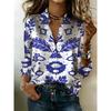 White and Blue Leaf and Flower Printed Ladies Satin Blouse - Bohemian Style Long-sleeved Shirt