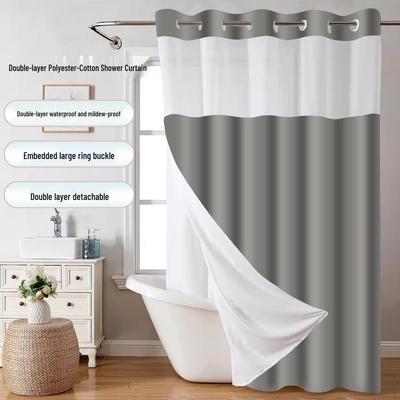 Modern Minimalist Double-Layer Polyester Shower Curtain - Waterproof, Mold-Proof, Detachable with Large Ring Buckle, Solid Color, Custom Size