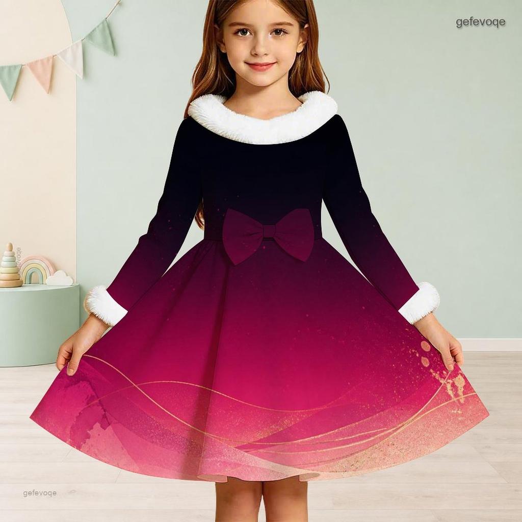 Girls White Fur Collar Long Sleeve Bow Black Gold Printed A Line Flared Dress