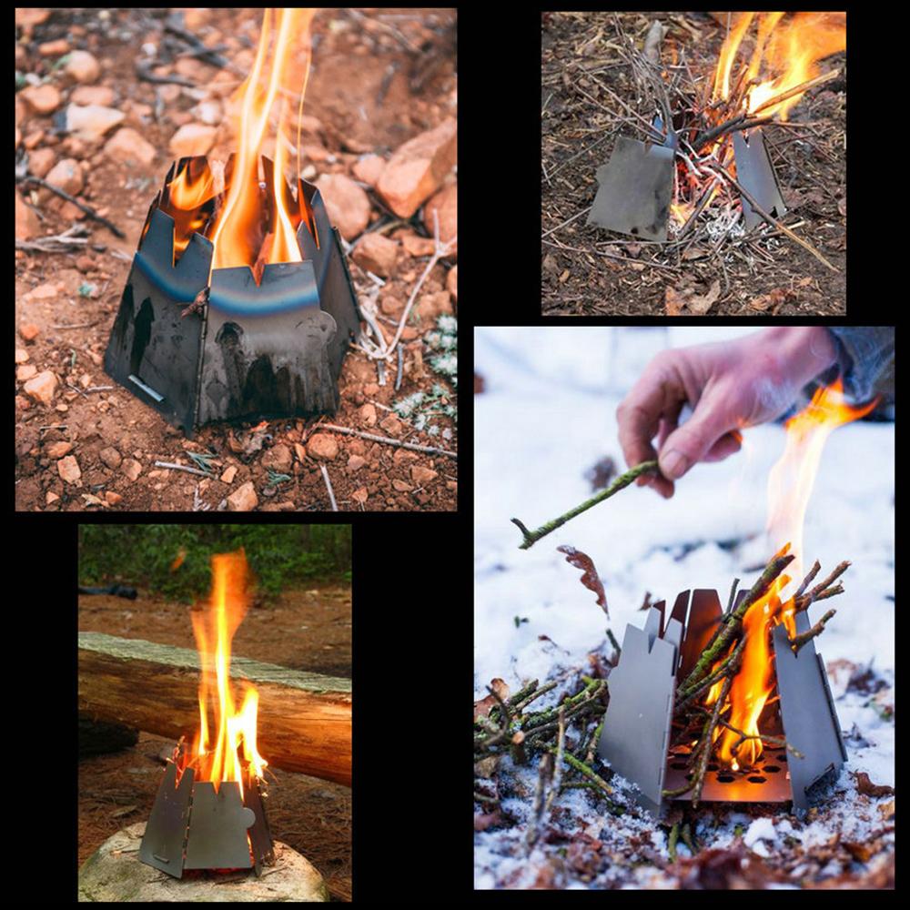 Ultraleichter, zusammenklappbarer Holzofen aus Edelstahl mit Mini-Alkoholkocher für Camping, Angeln, Wandern
