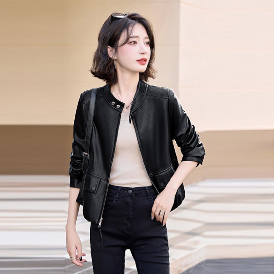 

Четырехсезонная зеленая ретро универсальная кожаная куртка женская короткая куртка весна и осень новая одежда для мотоциклистов тренд 3XL чёрный