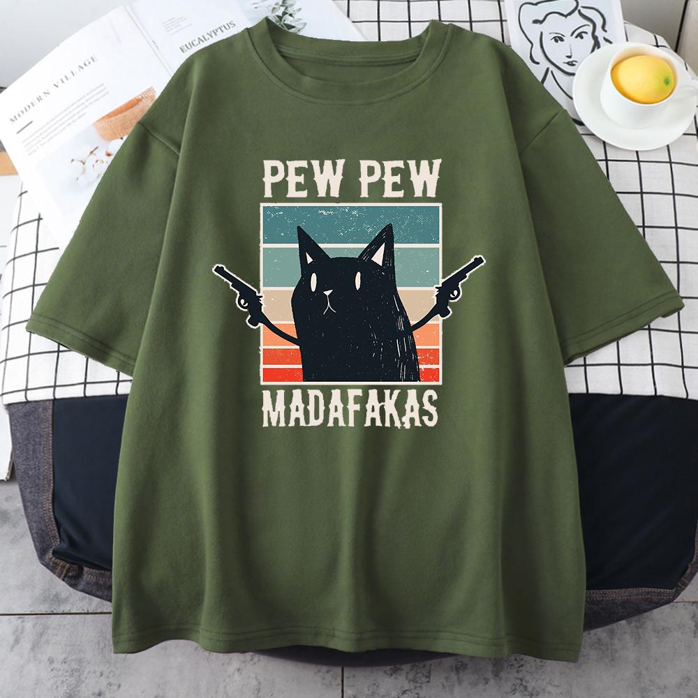 Pew Madafakas Black Cat Print Male Cotton T-Shirts Vintage Creativity Short Sleeve Casual Oversize O-Neck Tops Mens Tee Clothing