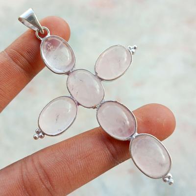 Rose Quartz Gemstone 925 Sterling Silver Plated Gifted Cross Shape Pendant Jewelry NST-J2H14091