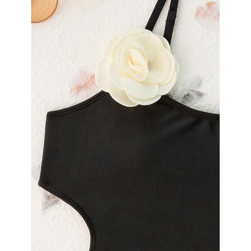 Black Swimwear Women Sexy Halter 3D Floral Slim Tummy Control One Piece Swimsuit Beach Bathing Suit