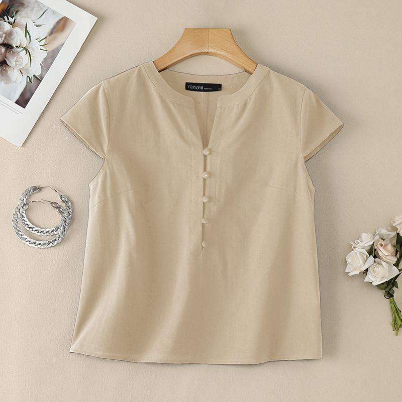 ZANZEA Women Casual V-Neck Solid Color Short Sleeve Cotton Blouse