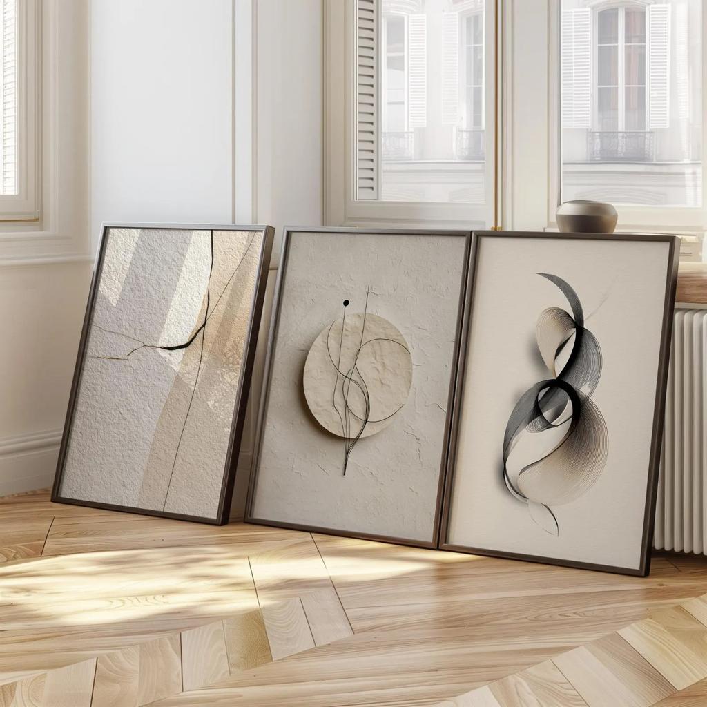 Japandi Neutral Abstract Wall Art Set, Wabi Sabi Beige & Black Line Canvas Prints, Minimalist Home Decor & Perfect Gifts