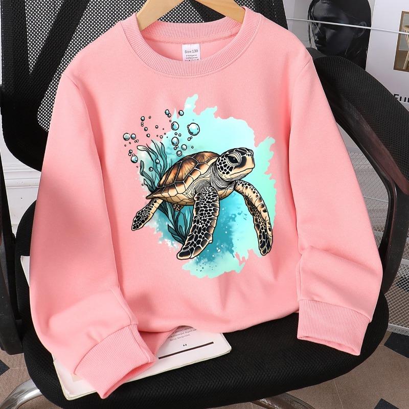 Kids Crewneck Sweatshirt, Sea Turtle with Bubbles & Seaweed Print