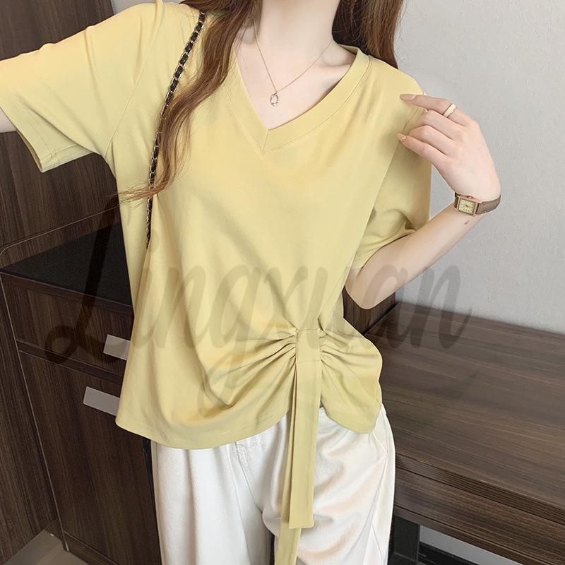 Plus Size Women s 2026 Summer Korean Asymmetrical Ribbon Short Sleeve T-shirt Top XL