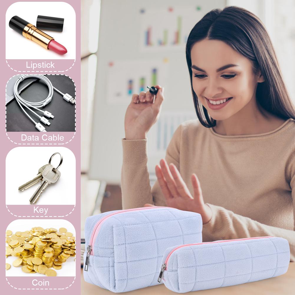 Plush Makeup Bag Makeup Storage Bag Large Capacity with Pen Bag Soft Cosmetic Bag Aesthetic Zip Closure Outdoor Travel Bag