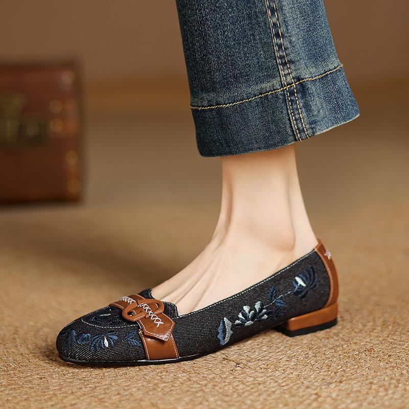 Mode 2025 Neue Damenschuhe Mode Frühlingspumps Runde Zehenpartie Slipper Lässige Damenschuhe Blockabsatz Niedriger Absatz Denim-Pumps Flach