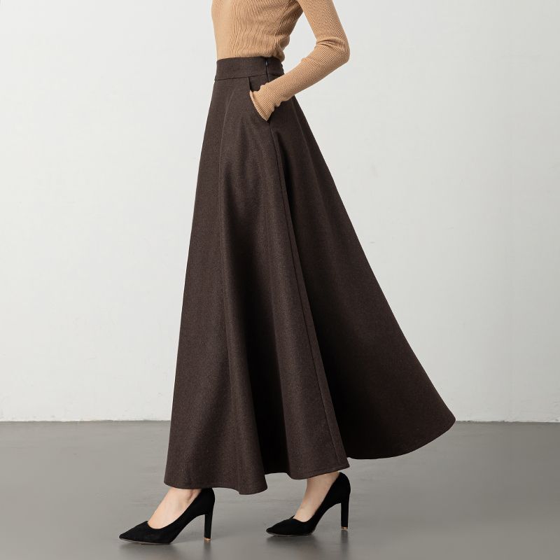 Otoño e InviernoNovedadfalda EleganteLargaCintura Altaforma AfaldaDobladillo AmplioFalda Larga para Mujer Heattech