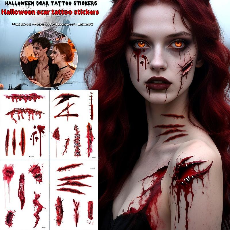 1 Sheets Halloween Scar Tattoos Stickers Temporary Bloodstain Wound Costume Festival Celebration Make Up Arm Face Tattoo