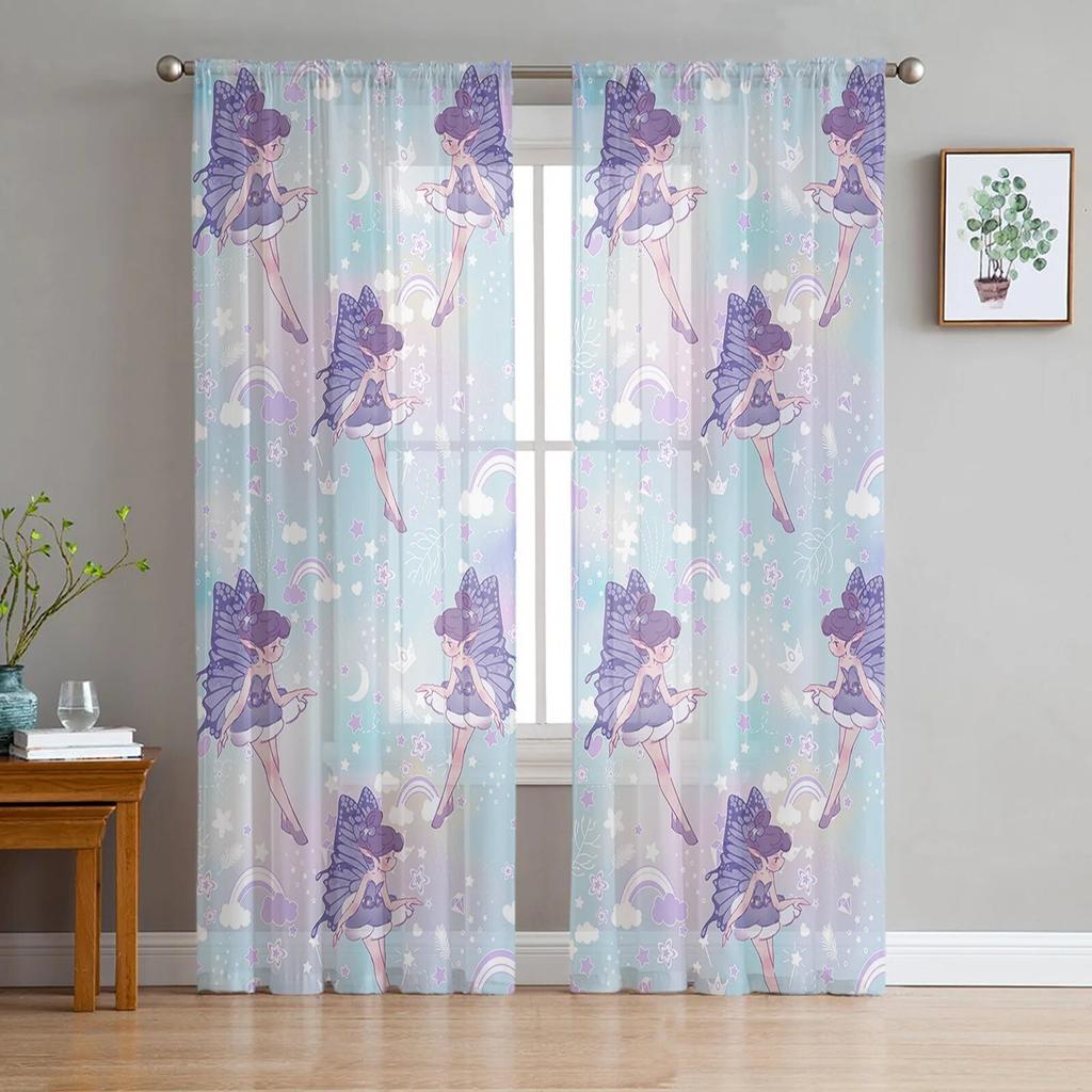 Fairy Rainbow Star Gradual Cloud Crown Bedroom Transparent Sheer Curtains Holiday Decoration Window Voile Tulle Curtain