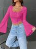 European and American new women's clothing solid color U-neck exposed navel thin fashion horn long-sleeved top sexy short T-shirt women