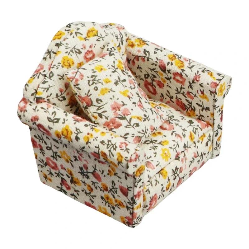 Rural Style Armchair Mini Sofa Dollhouse Miniature Sofa & Throw Pillow Set Wooden Simulation Furniture Girls Decoration Crafts