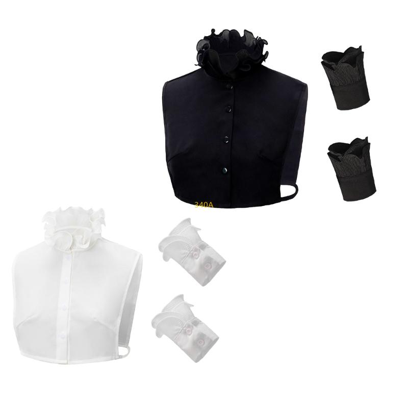 Fashion Detachable Ruffle V Neck Sweater Collar Insert Half Shirt Includes 2 Wrist Cuffs Fake Sleeves Set for Women