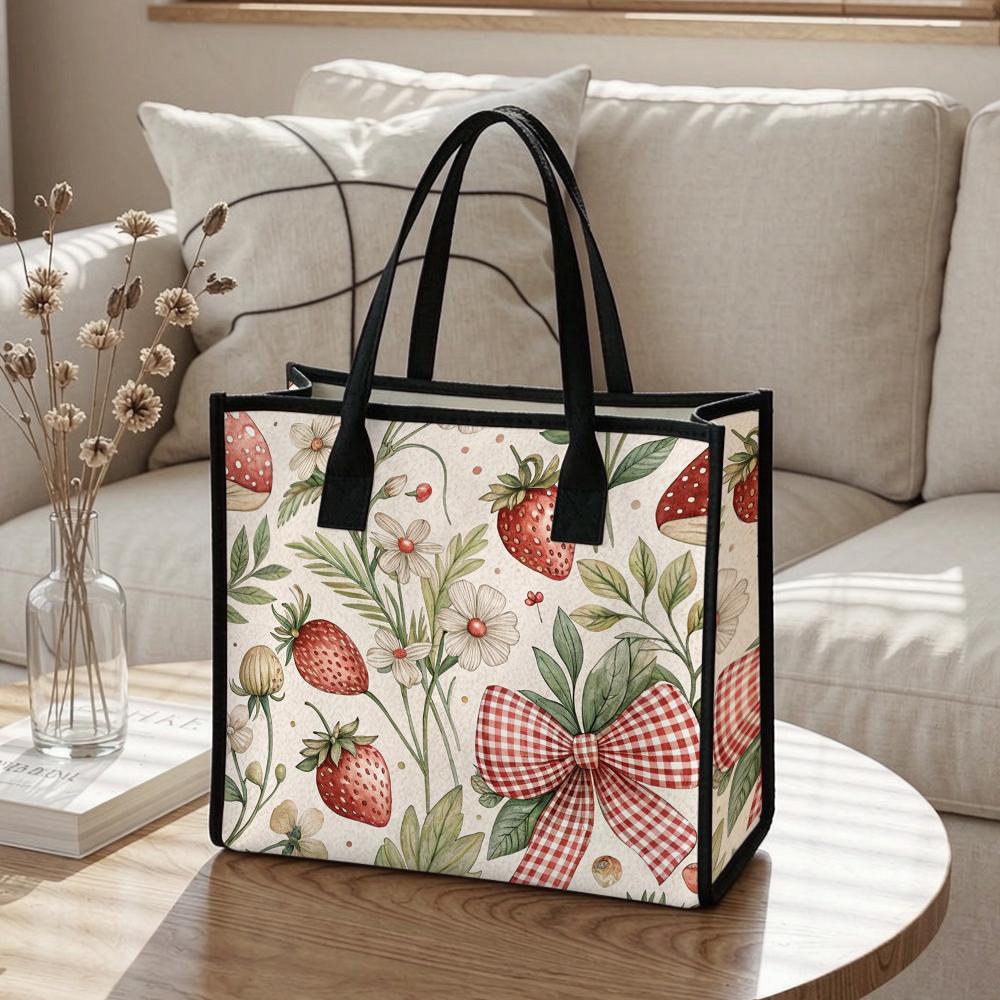 Cute Strawberry Floral Bow Women's Daily Casual Portable Lightweight Stylish Tote Bag