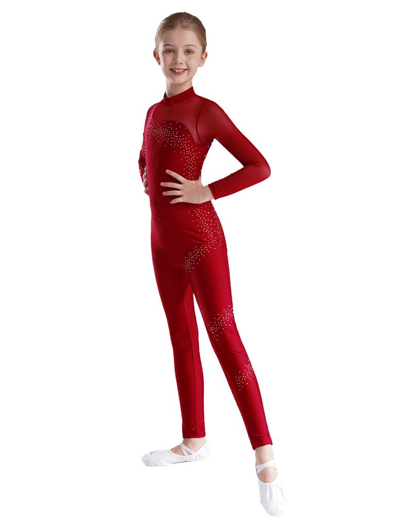 Jenter Glitrende Rhinestone Mesh Gymnastikk Jumpsuit Langermet Gjennomsiktig Lappverk Nøkkelhullrygg Kunstløp Dans Bodysuit