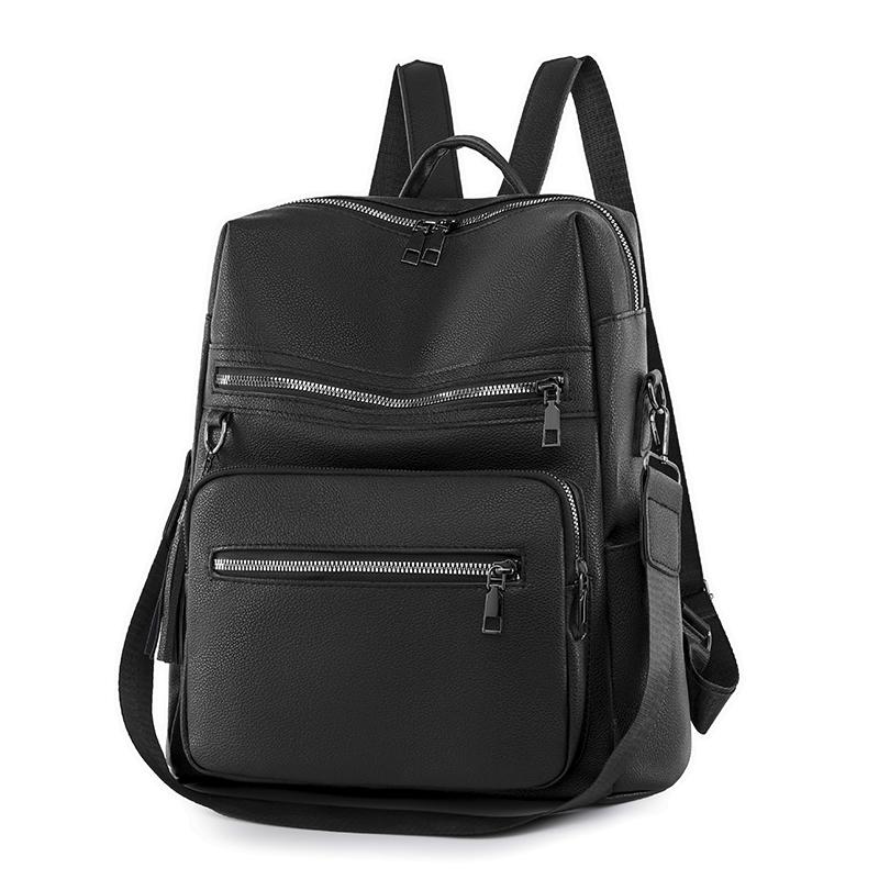 Contrast Color Women Soft Leather Tassel Backpack Simple Outdoor Travel Backpack