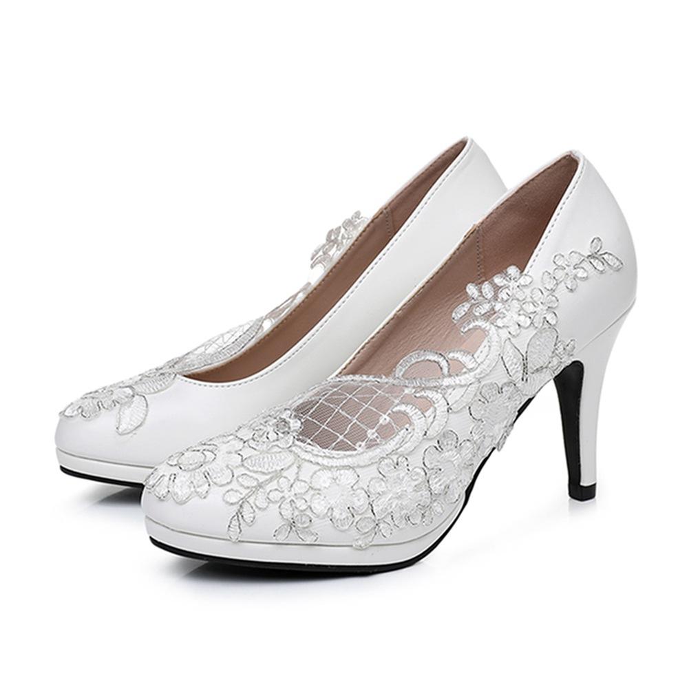 Fashion Plus Size 35-43 Shoes for Women Fashion Spring Autumn Women Party Evening Wedding 9cm White Lace Platform Pumps Slip On Shoes