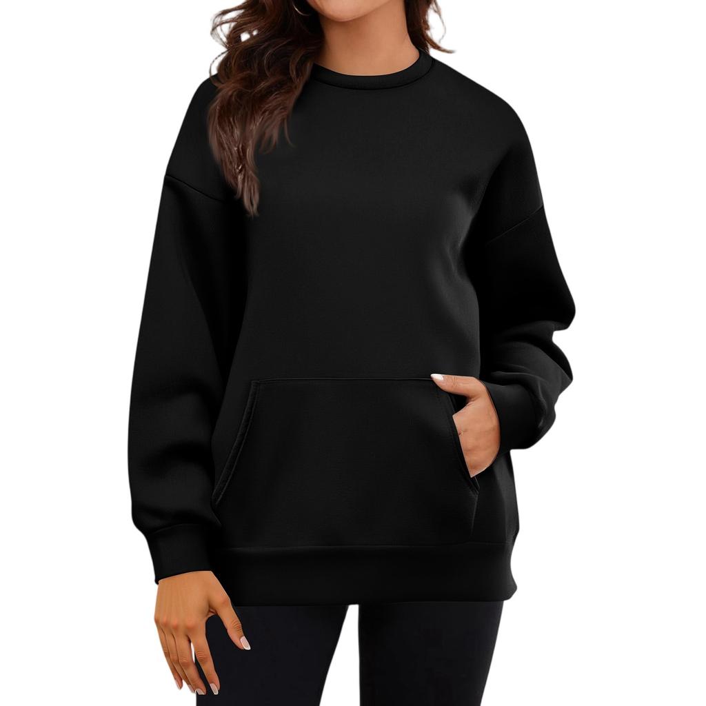 Haut de Sweat-shirt Décontracté pour Femme à Manches Longues, Couleur Unie, Col Rond, avec Poches