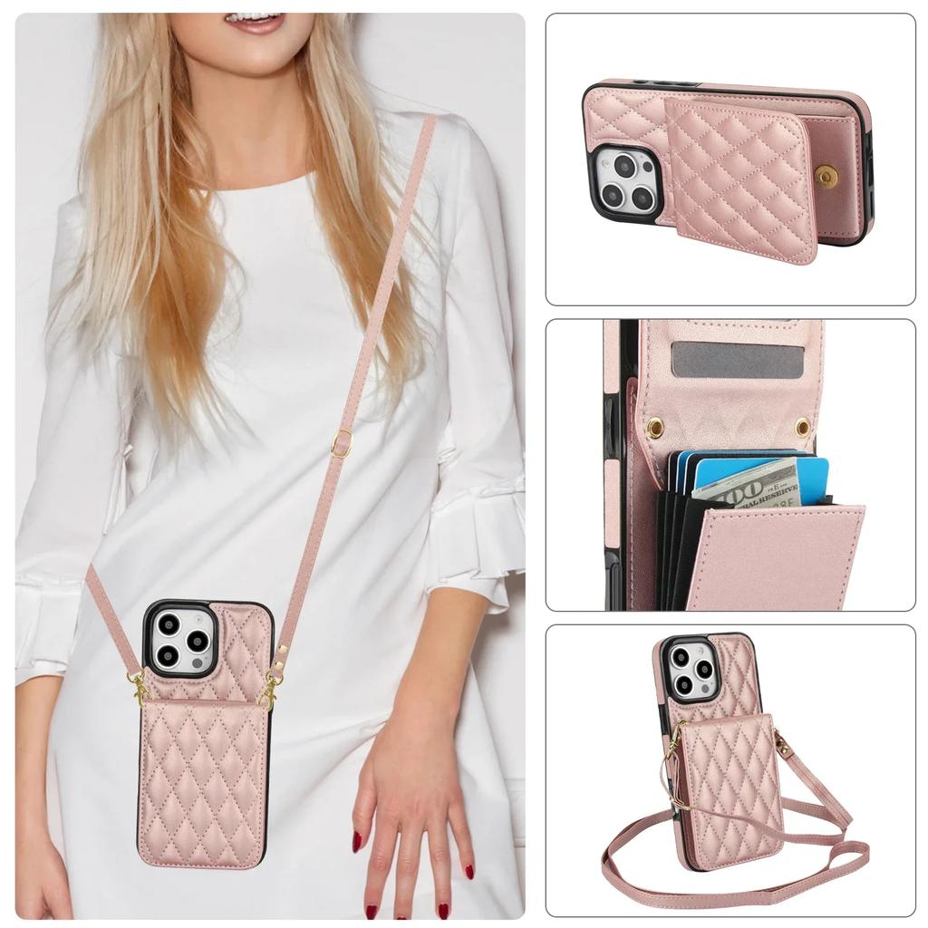 Crossbody Lanyard Wallet with Card Holder Kickstand Phone Case for iPhone 16 15 Pro Max Plus Shockproof Protective Cover