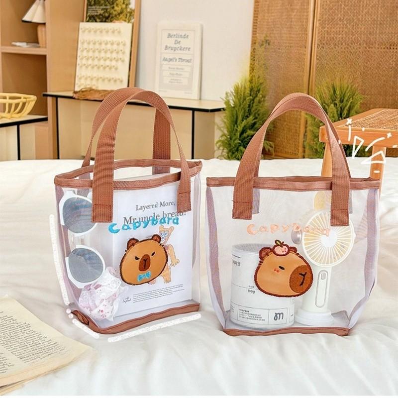 Transparent Mesh Tote Bag Cute Cartoon Guinea Pig Storage Bag Beach Travel Swimming Wash Large-capacity Portable Handbag