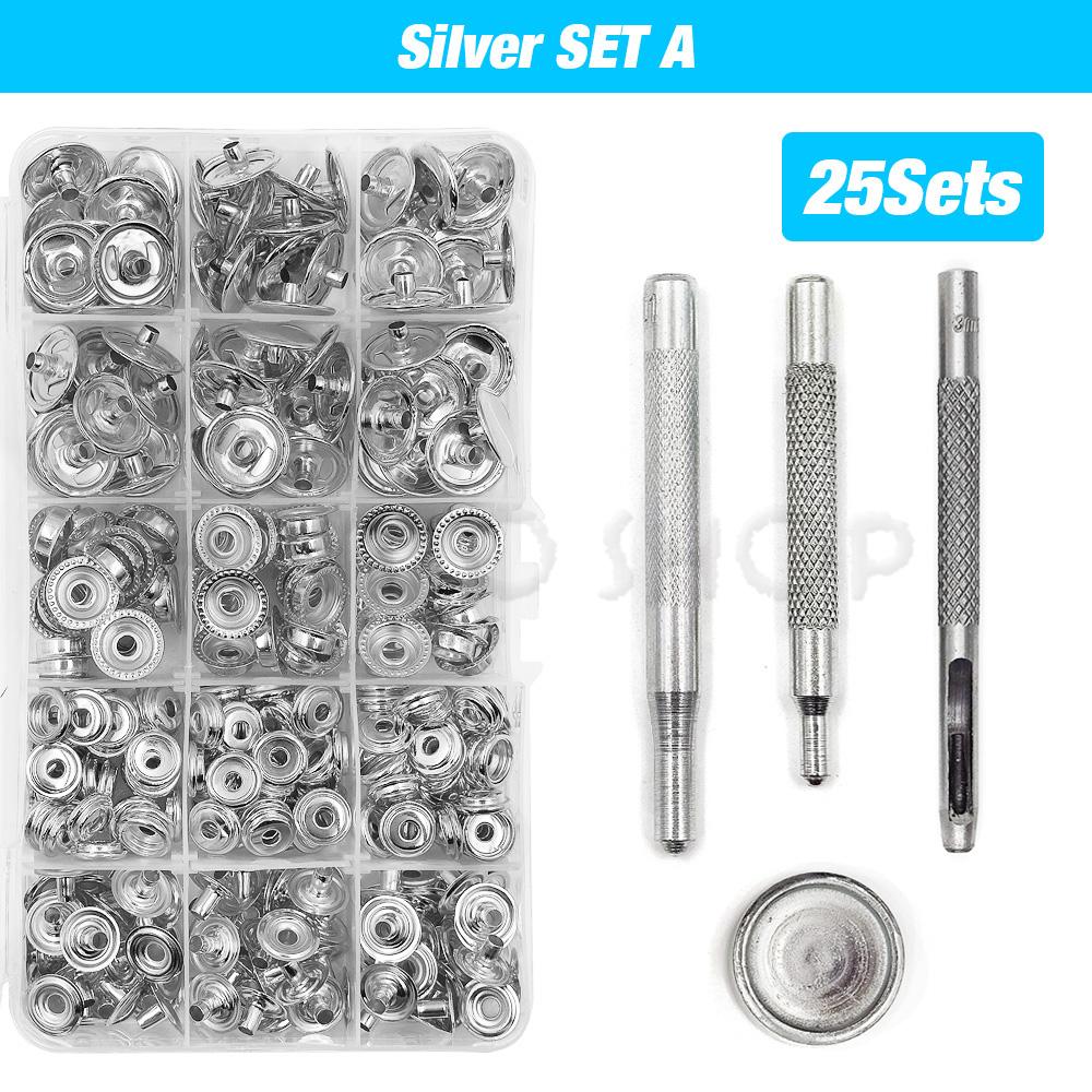 25Sets Metal Snaps Button Snap Fasteners Press Studs With 4 Installation Tools Kit For Clothes Garment Bags Shoes Leathercraft