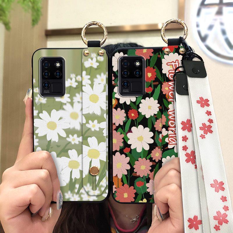 Waterproof Durable Phone Case For Oukitel C21 Wristband Wrist Strap Shockproof Silicone Kickstand Protective Ring Flower