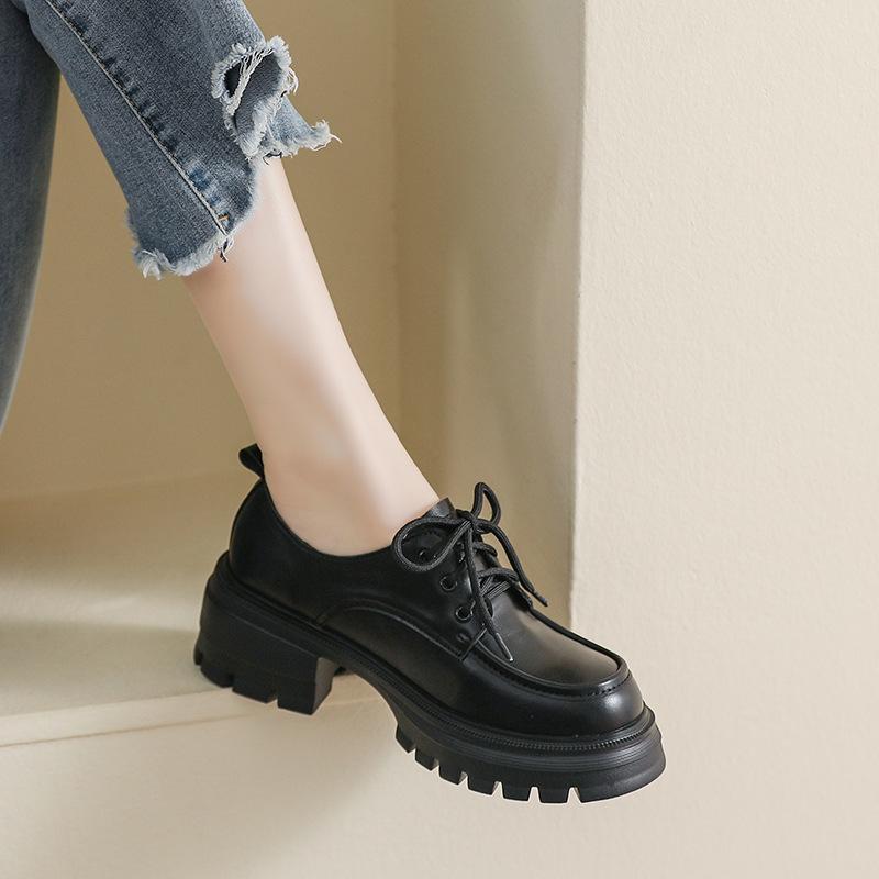 Thick-soled Small Leather Shoes Women's College Style Small Man Height Increase Lace-up Single Shoes Women