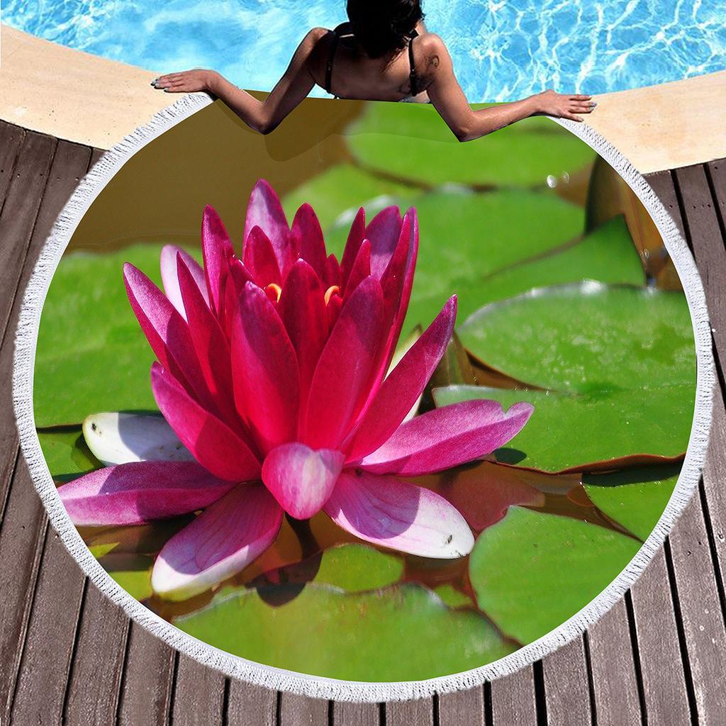 Lotus Pattern Round Beach Blanket, Microfiber Quick Dry Towel with Tassels for Picnic Bathroom Pool Surfing Outdoor Meditation