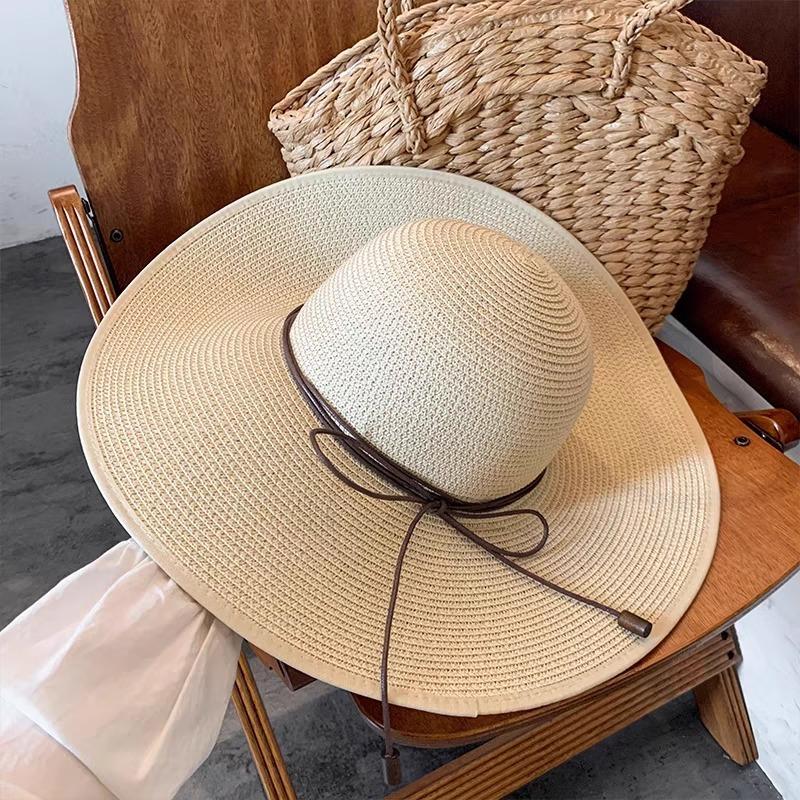 Lace Bow Straw Hat Women's Summer French Large Brim Sunscreen Hat Seaside Beach Vacation Sun Hat