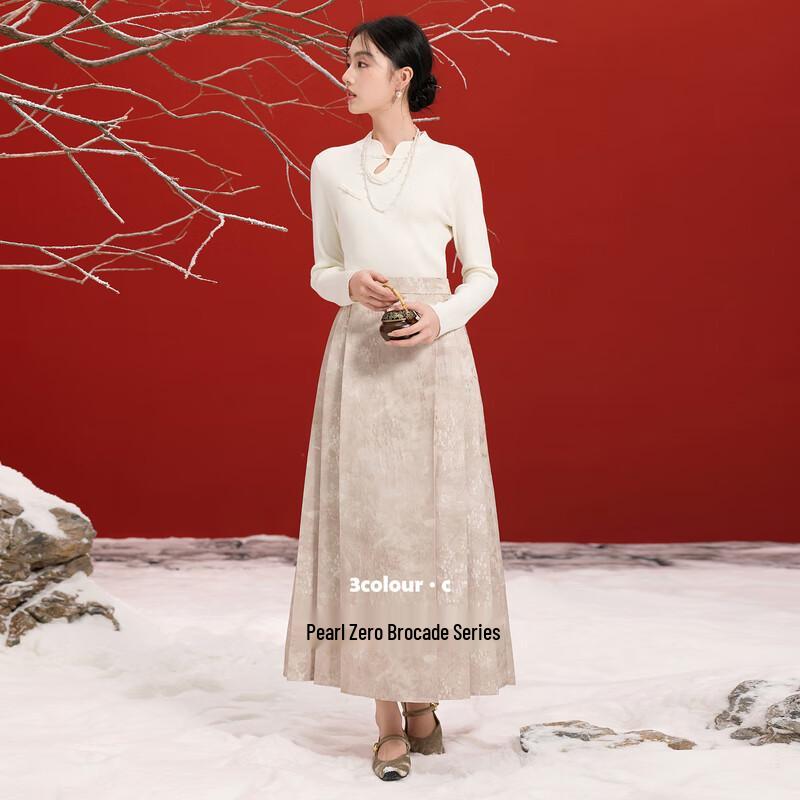 

Sancai 2025 Winter Jacquard Pleated A-line Long Skirt S