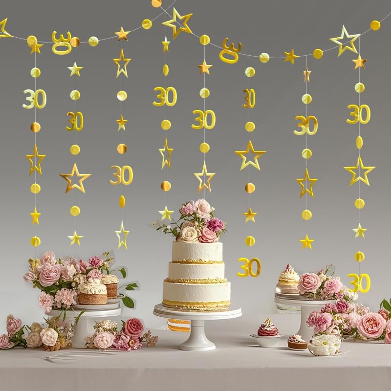 Black 30th Birthday Garland Black 30 Circle Dot Twinkle Star Streamer Hanging Bunting Banner Backdrop for Him/Her 30 Years Old Birthday Party