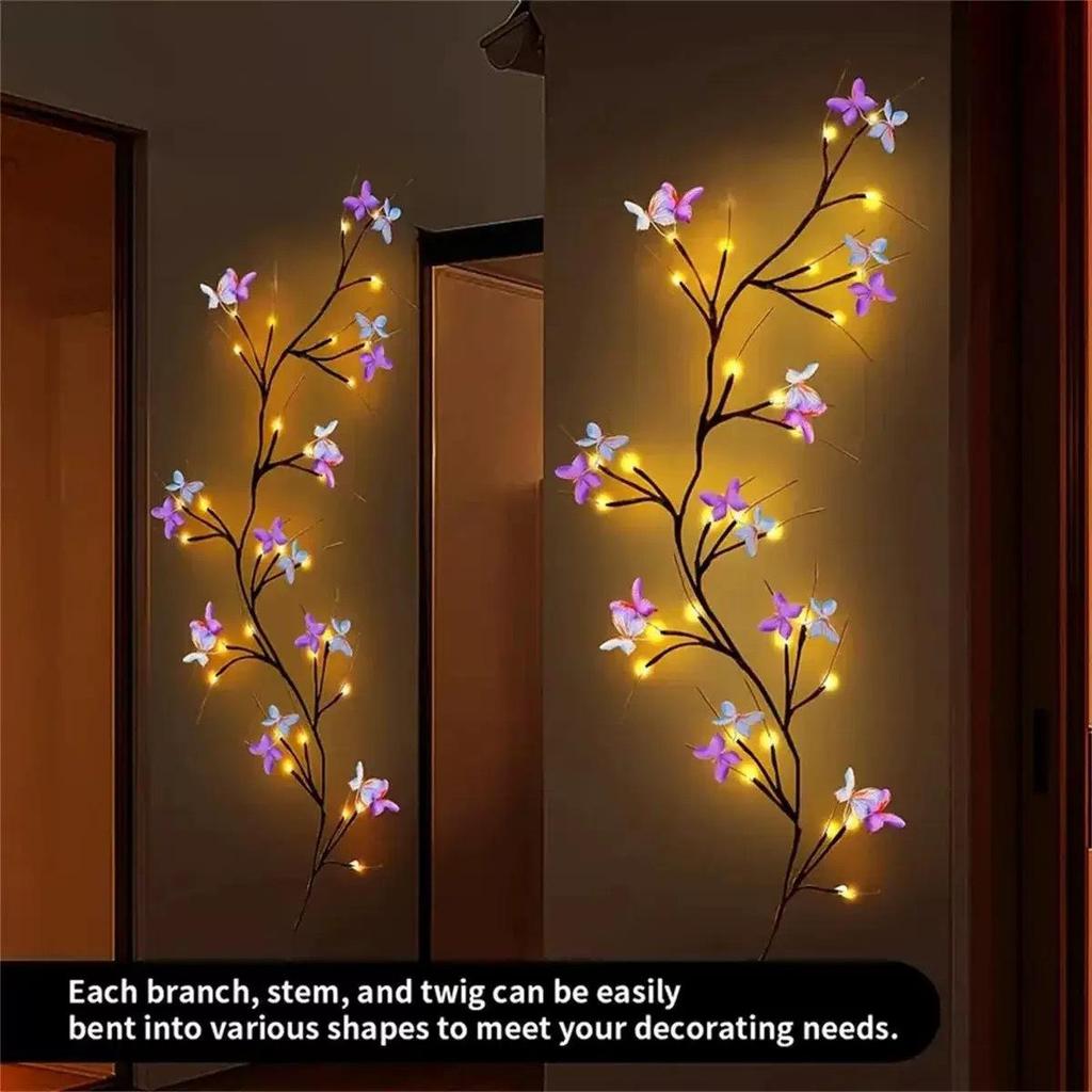 Bendable LED Rattan String Lights with Butterflies & Leaves for Wall Decoration